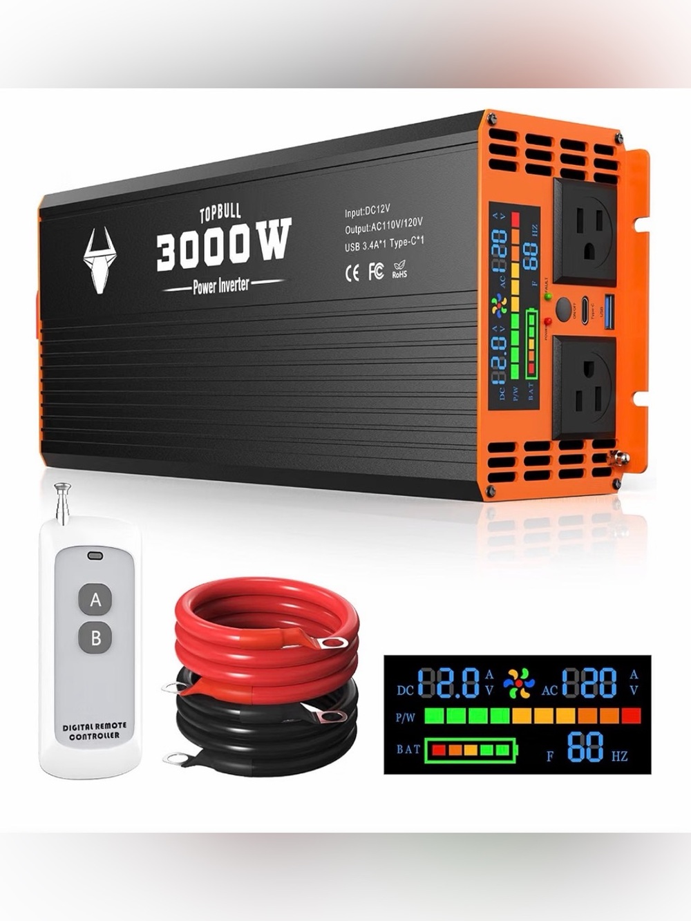 TOPBULL 3000W Power Inverter Car/Home 12V DC to 110V/120V AC Car Converter